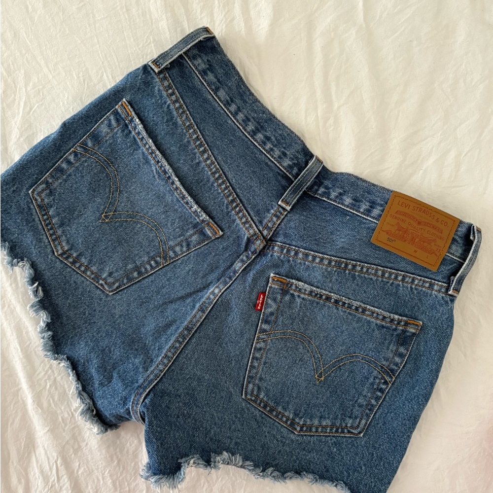Levi's Dark Blue Denim Cutoff Shorts with Frayed Hem size 27